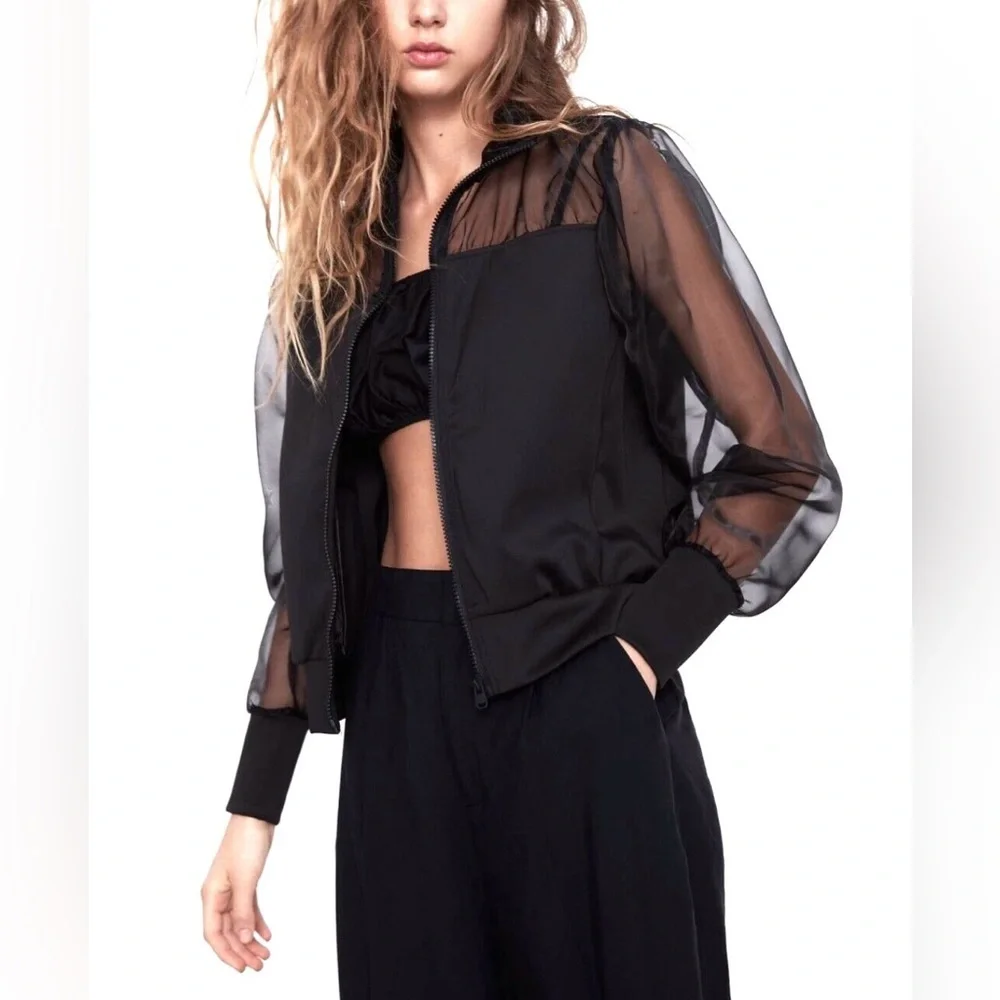 Zara Sheer Sleeve Tulle & Neoprene Bomber Jacket Black Rare Lightweight Sz S - Picture 1 of 10